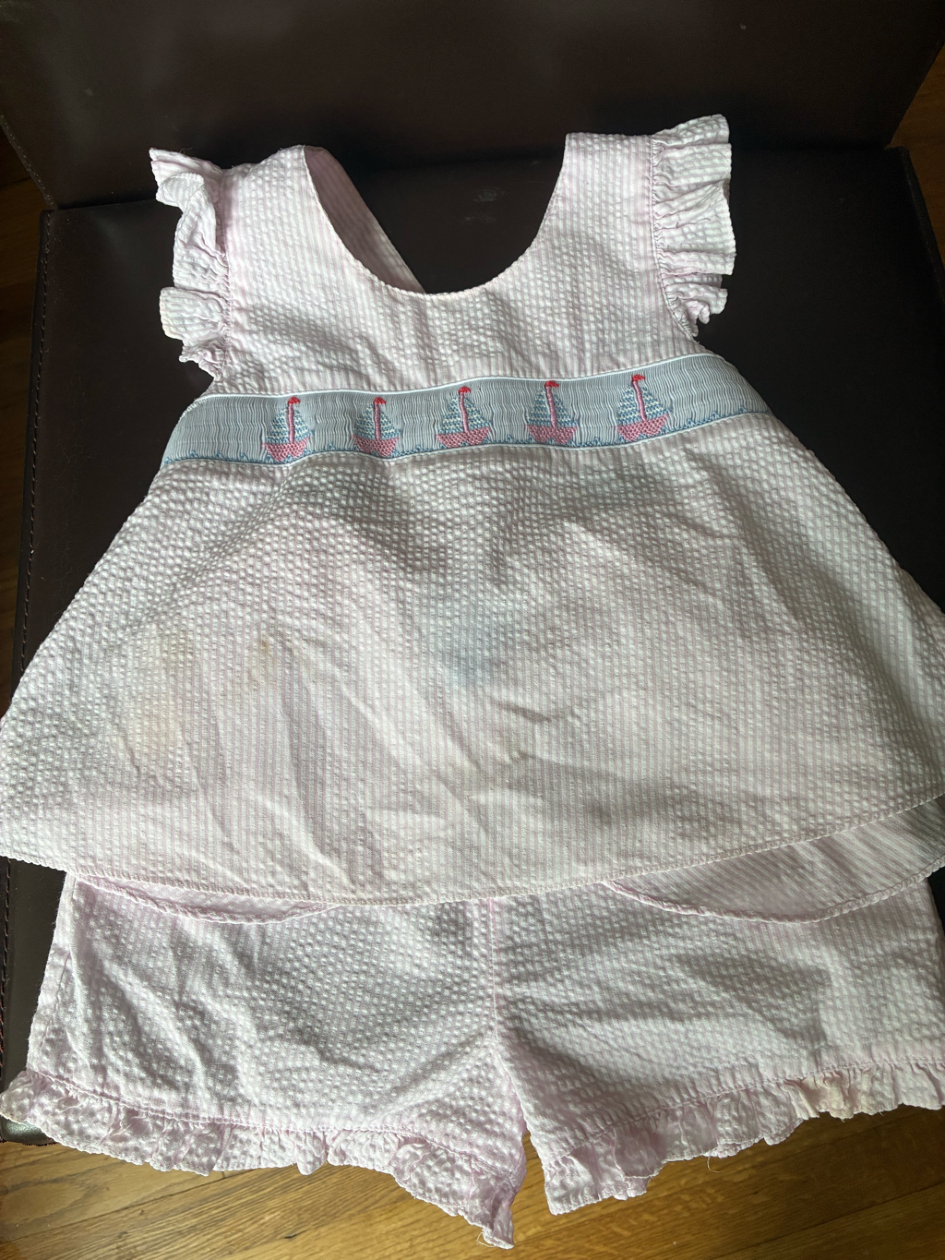 Baby Velani (Sz 4t) Pink Seersucker Smocked Set With Sailboats